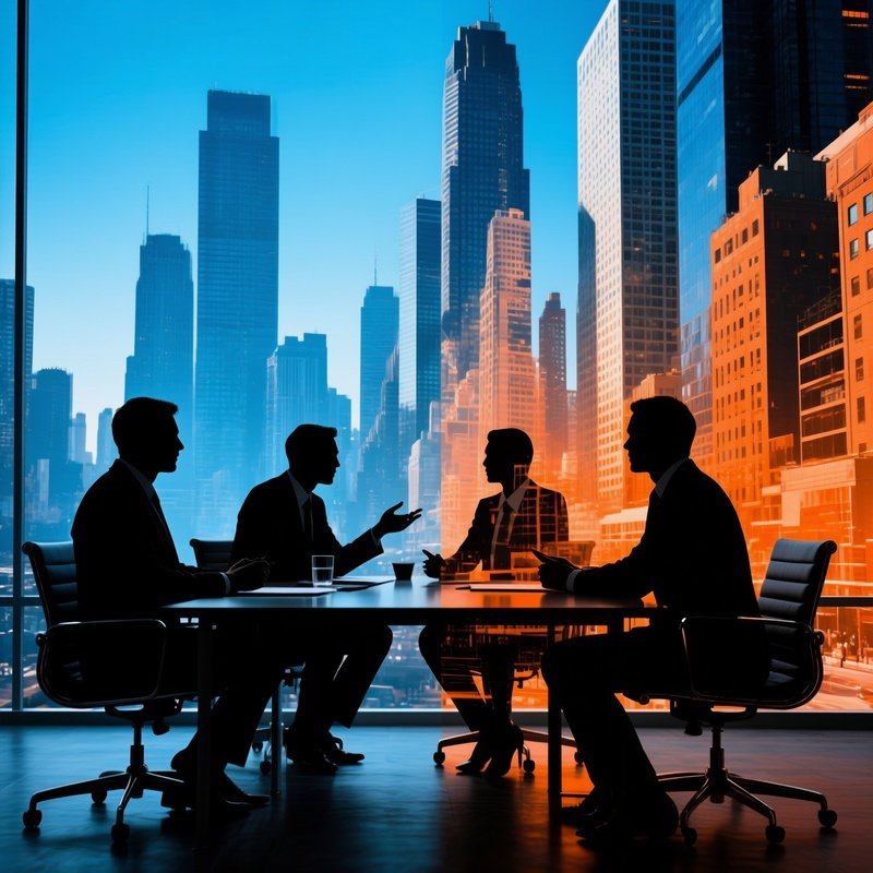 A Double Exposure Of People In A Meeting And Cityscape Double