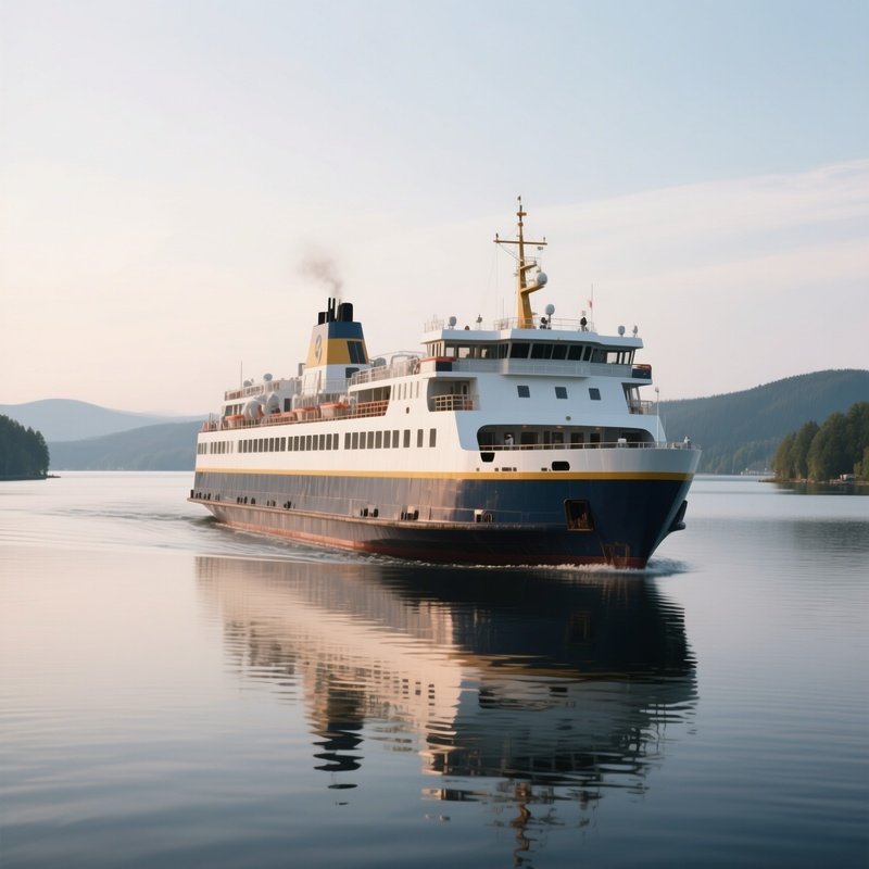 A Double Hull Ferry Cruising Along A Quiet Lake