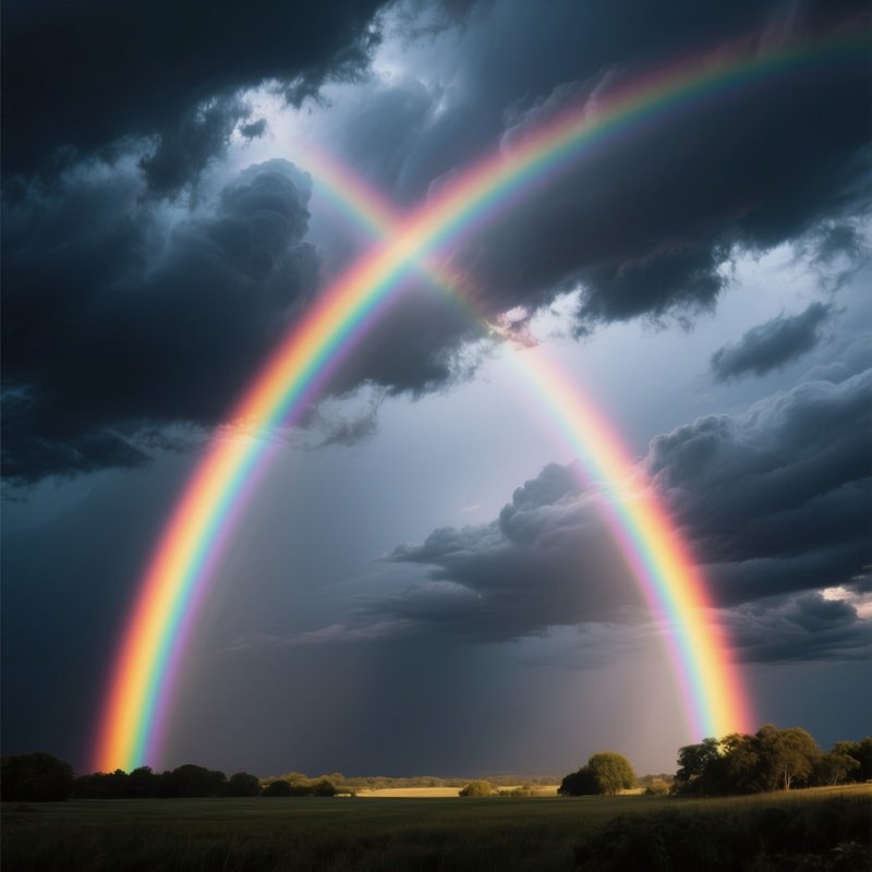 A Double Rainbow Glowing Against Dark Thunderstorm Clouds