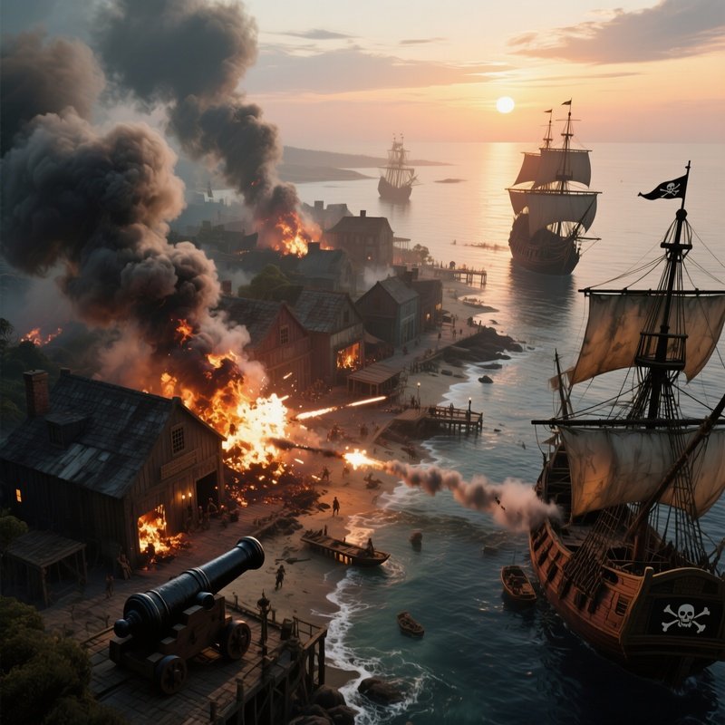 A Dramatic Aerial View Of A Pirate Raid On A Coastal Town, Smoke Rising From Burning Warehouses,