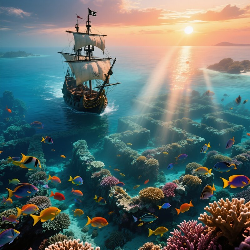 A Dramatic Aerial View Of Pirates Navigating A Labyrinthine Coral Reef At Sunset, Colorful Fish