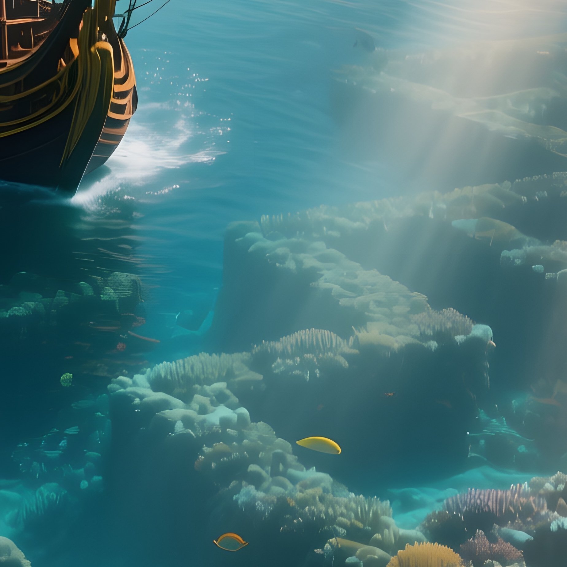 A Dramatic Aerial View Of Pirates Navigating A Labyrinthine Coral Reef At Sunset, Colorful Fish - Full Resolution Quality Preview
