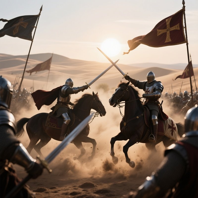 A Dramatic Battle Between Knights On Horseback During The Crusades, Banners Snapping, Swords