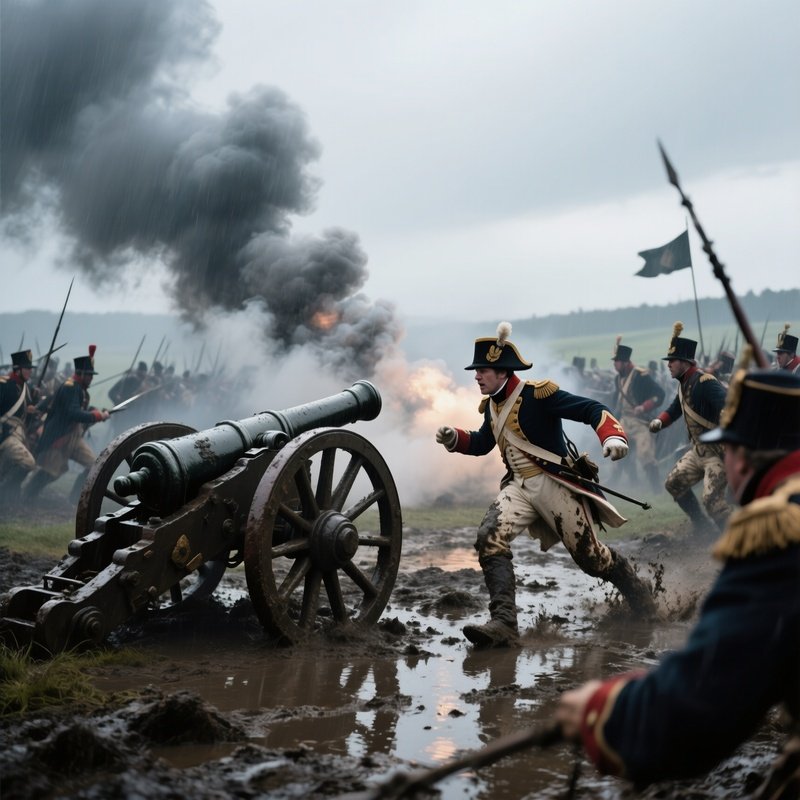 A Dramatic Battle Scene From The Napoleonic Wars On A Rain‑Slicked Battlefield, Cannon Smoke