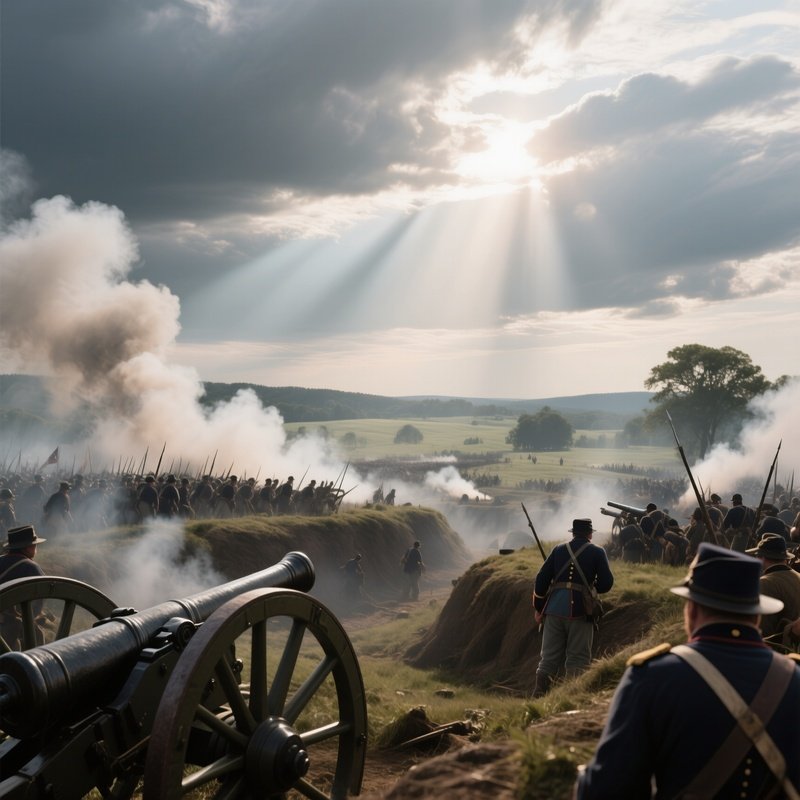 A Dramatic Battlefield Of The Battle Of Gettysburg Under A Cloudy Sky, Union And Confederate