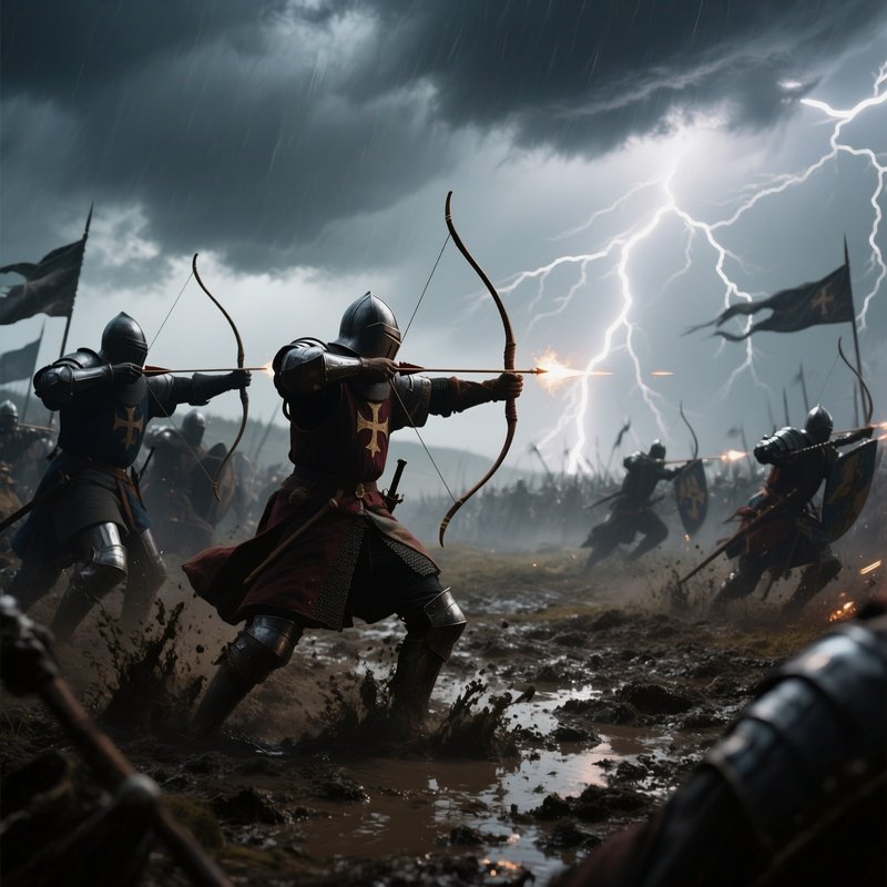 A Dramatic Battlefield Of The Hundred Years’ War Under A Stormy Sky, Longbowmen Releasing Volleys,
