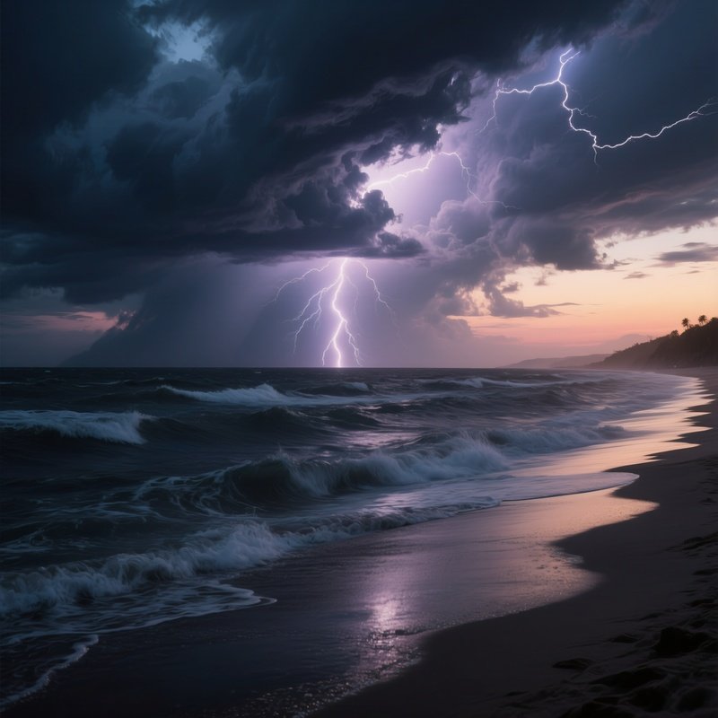 A Dramatic Beach Scene At Dusk, With Storm Clouds Gathering Overhead, Lightning Illuminating The