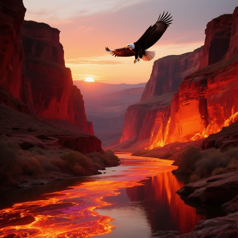 A Dramatic Canyon At Sunset, Layered Red Rock Walls Glowing Fiery Orange, The River Below