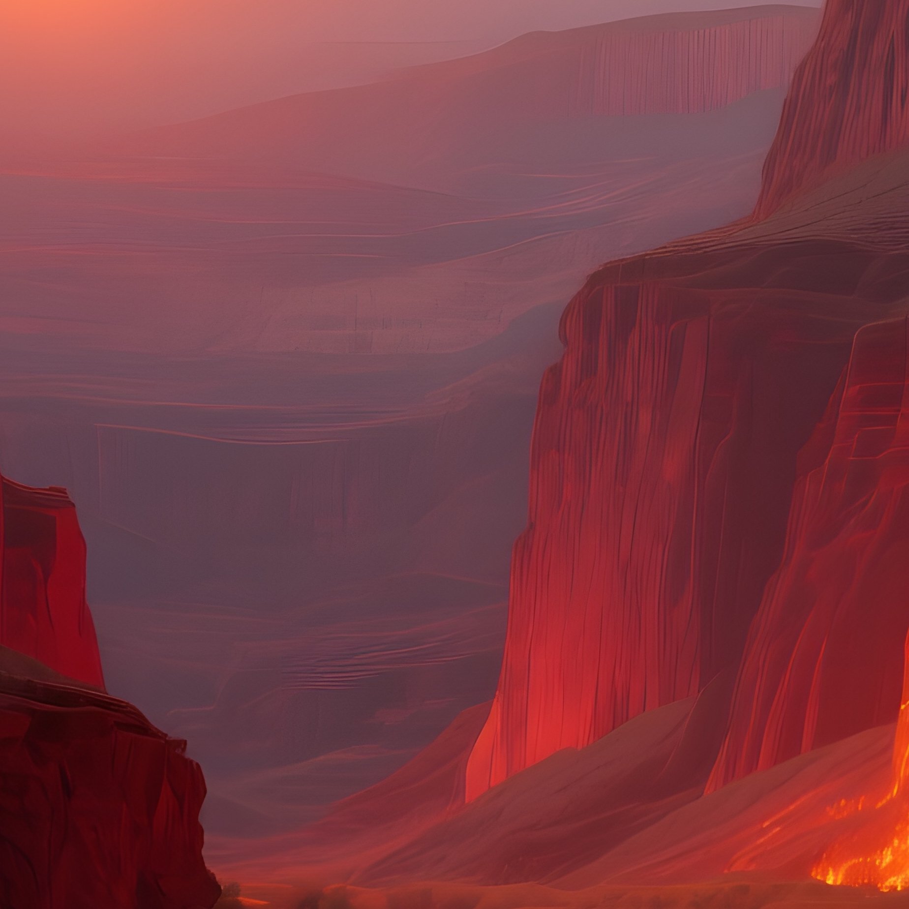 A Dramatic Canyon At Sunset, Layered Red Rock Walls Glowing Fiery Orange, The River Below - Full Resolution Quality Preview