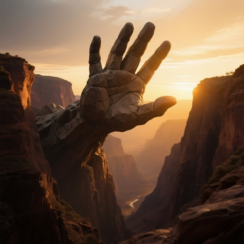 A Dramatic Canyon Scene Where A Massive Stone Hand Reaches Out From The Cliff, Bathed In The Golden