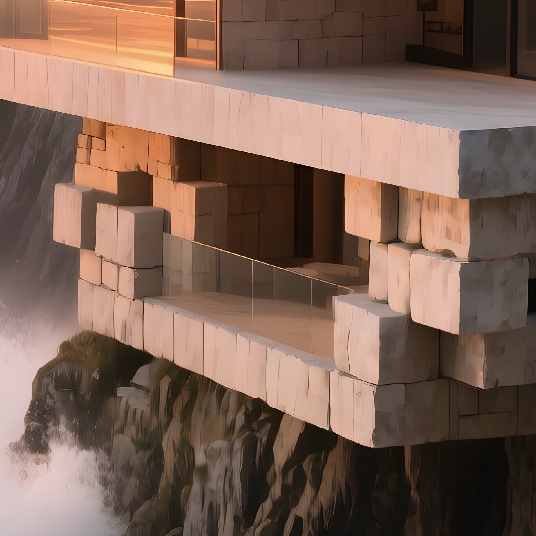 A Dramatic Cliff‑Edge Home Of Interlocking Limestone Blocks With A Flat Roof Captures The Last - Full Resolution Quality Preview