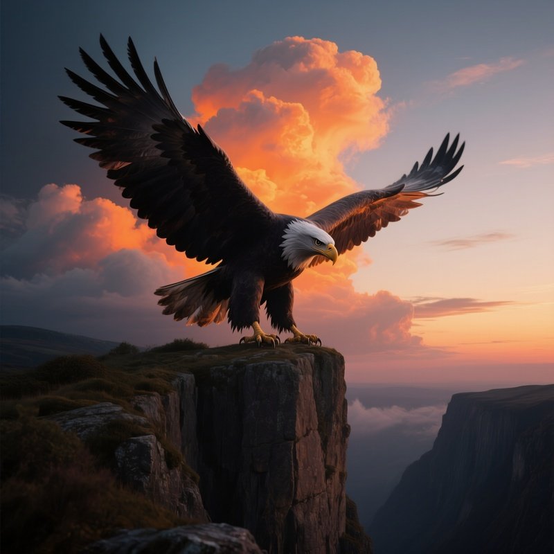 A Dramatic Cliffside At Twilight Where A Massive Stone Eagle Spreads Its Wings Over An Abyss,