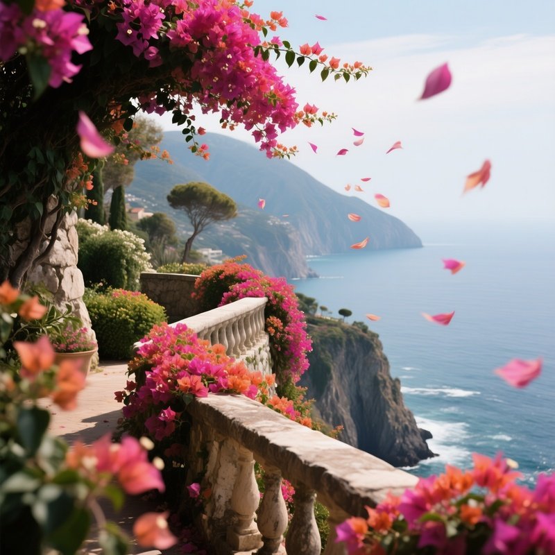 A Dramatic Cliffside Garden Overlooking The Sea, Vibrant Bougainvillea Cascading Over Stone