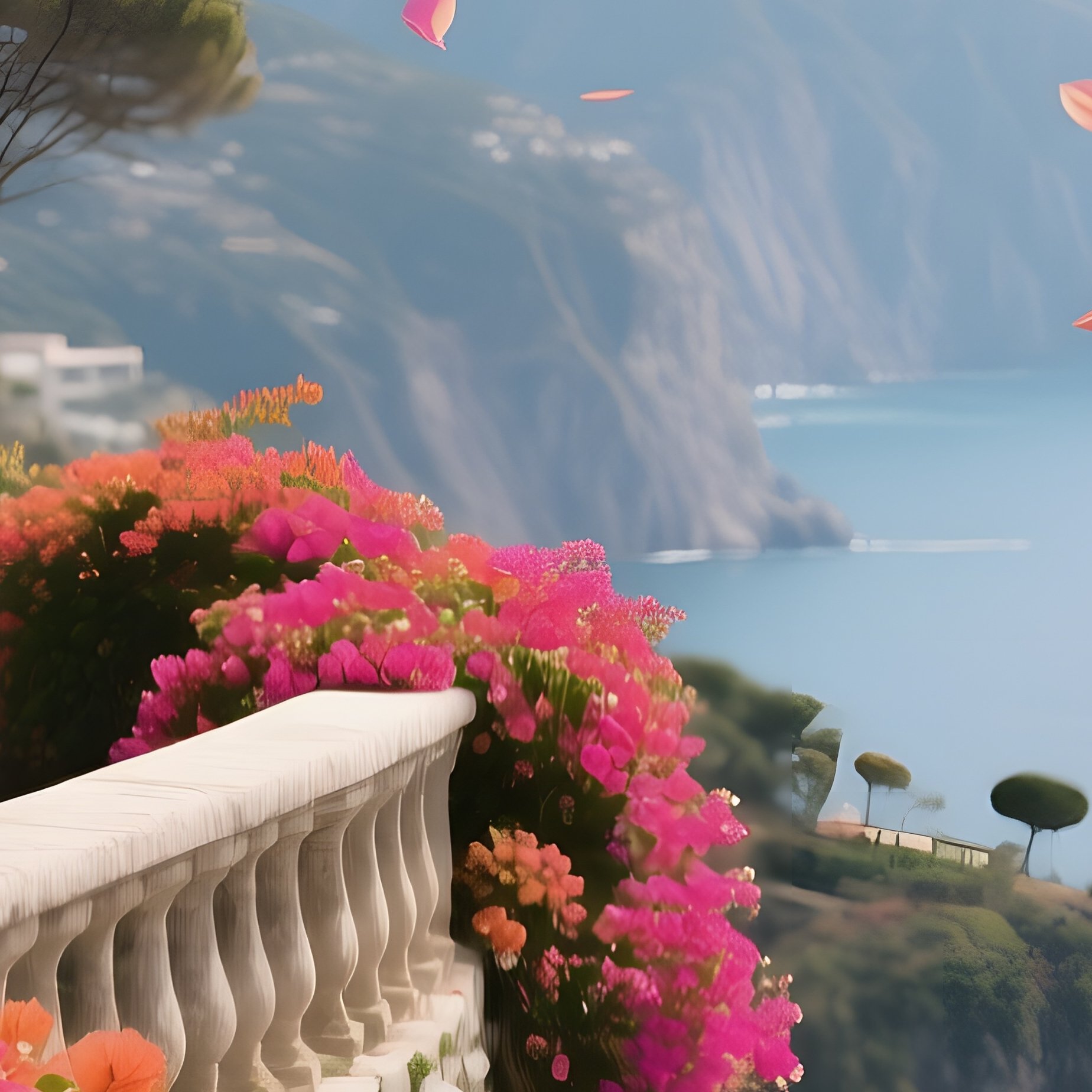 A Dramatic Cliffside Garden Overlooking The Sea, Vibrant Bougainvillea Cascading Over Stone - Full Resolution Quality Preview