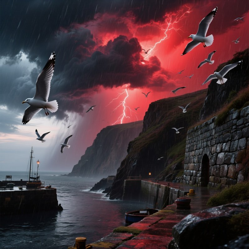 A Dramatic Cliffside Harbor During A Red‑Sky Thunderstorm, Dark Clouds Swirling Above, Gulls
