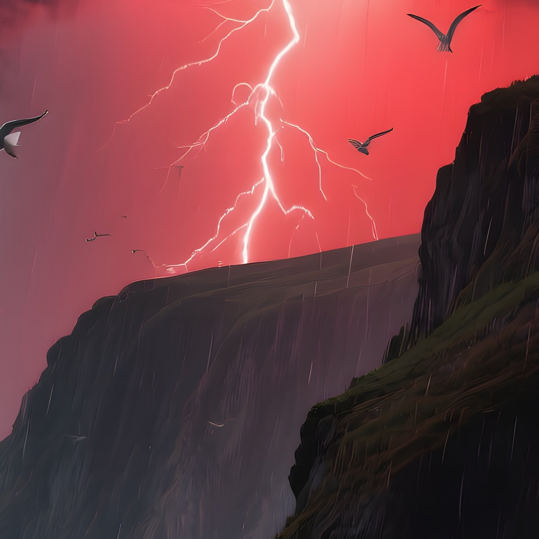 A Dramatic Cliffside Harbor During A Red‑Sky Thunderstorm, Dark Clouds Swirling Above, Gulls - Full Resolution Quality Preview