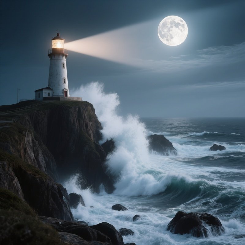 A Dramatic Cliffside Lighthouse During A Full Moon, Waves Crashing Against Rocks In Frothy White