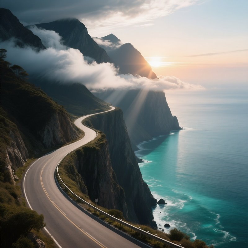 A Dramatic Cliffside Road Winding Along A Turquoise Sea, Sheer Drops Below, Clouds Racing Past