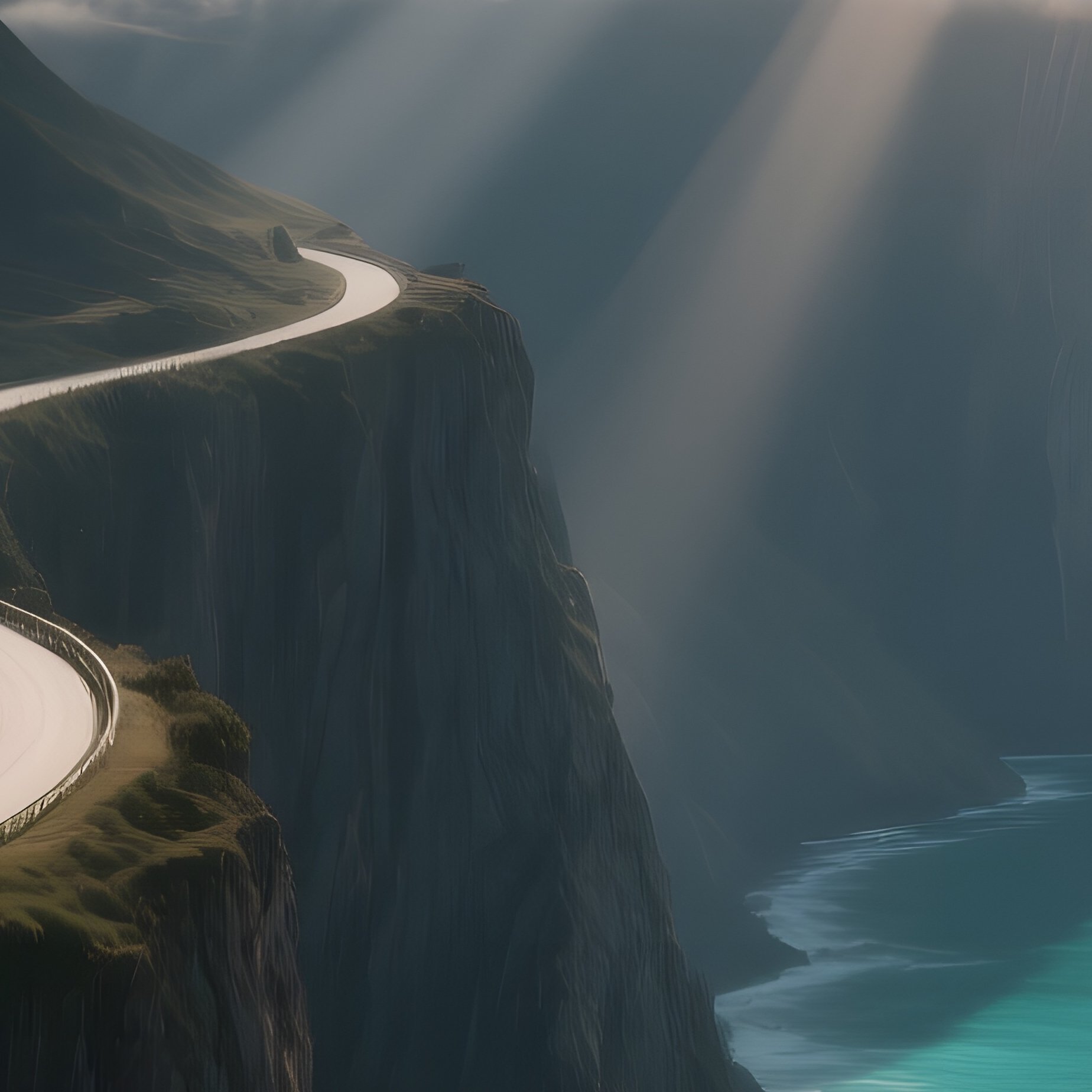 A Dramatic Cliffside Road Winding Along A Turquoise Sea, Sheer Drops Below, Clouds Racing Past - Full Resolution Quality Preview