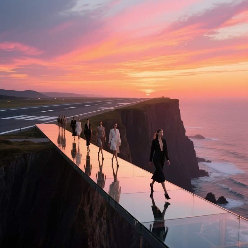 A Dramatic Cliffside Runway At Sunset, Where Models Stride Across A Narrow Glass Platform