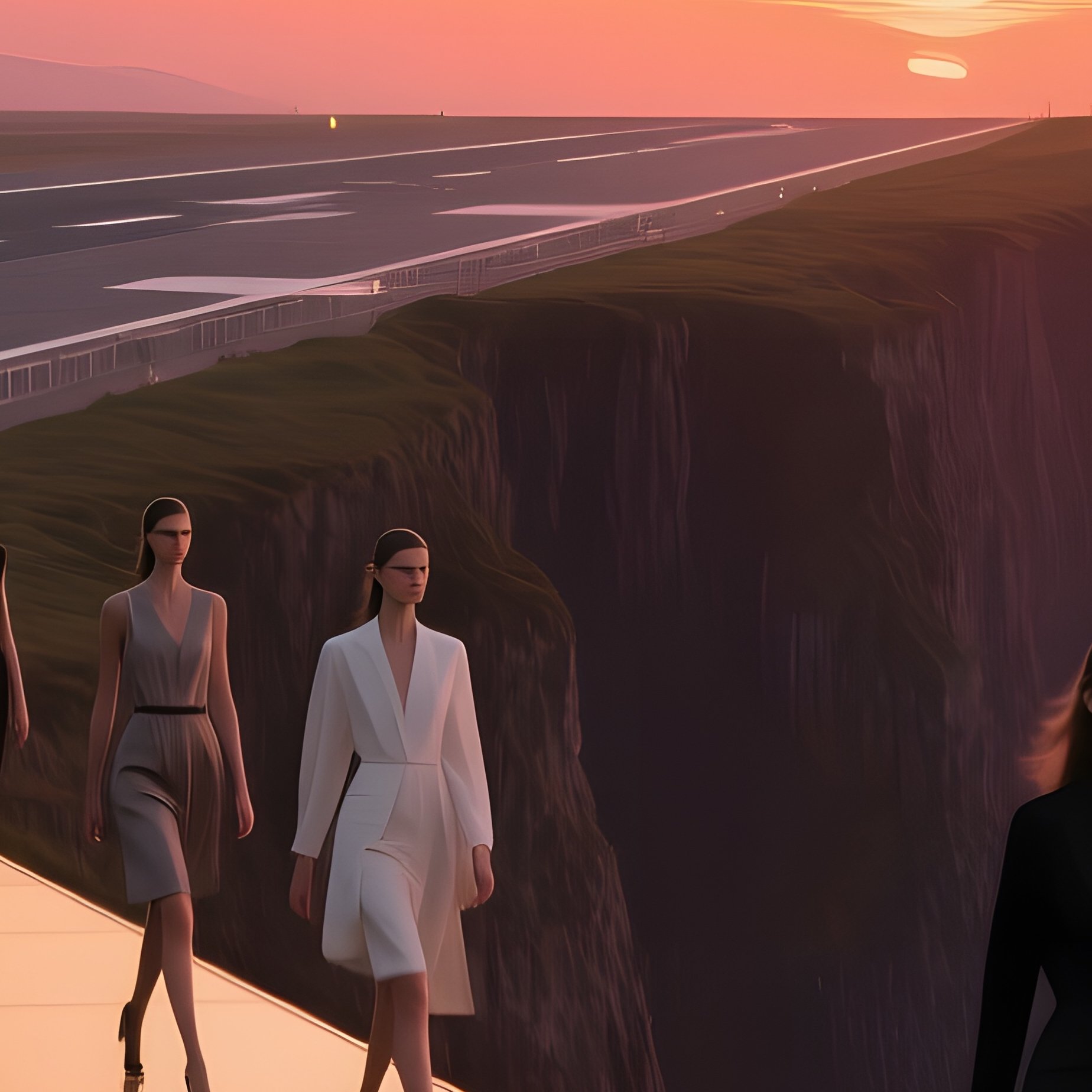 A Dramatic Cliffside Runway At Sunset, Where Models Stride Across A Narrow Glass Platform - Full Resolution Quality Preview