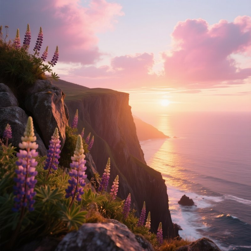 A Dramatic Cliffside Sunrise Where Wild Lupines Cling To Rocky Outcrops, Golden Light Spilling Over