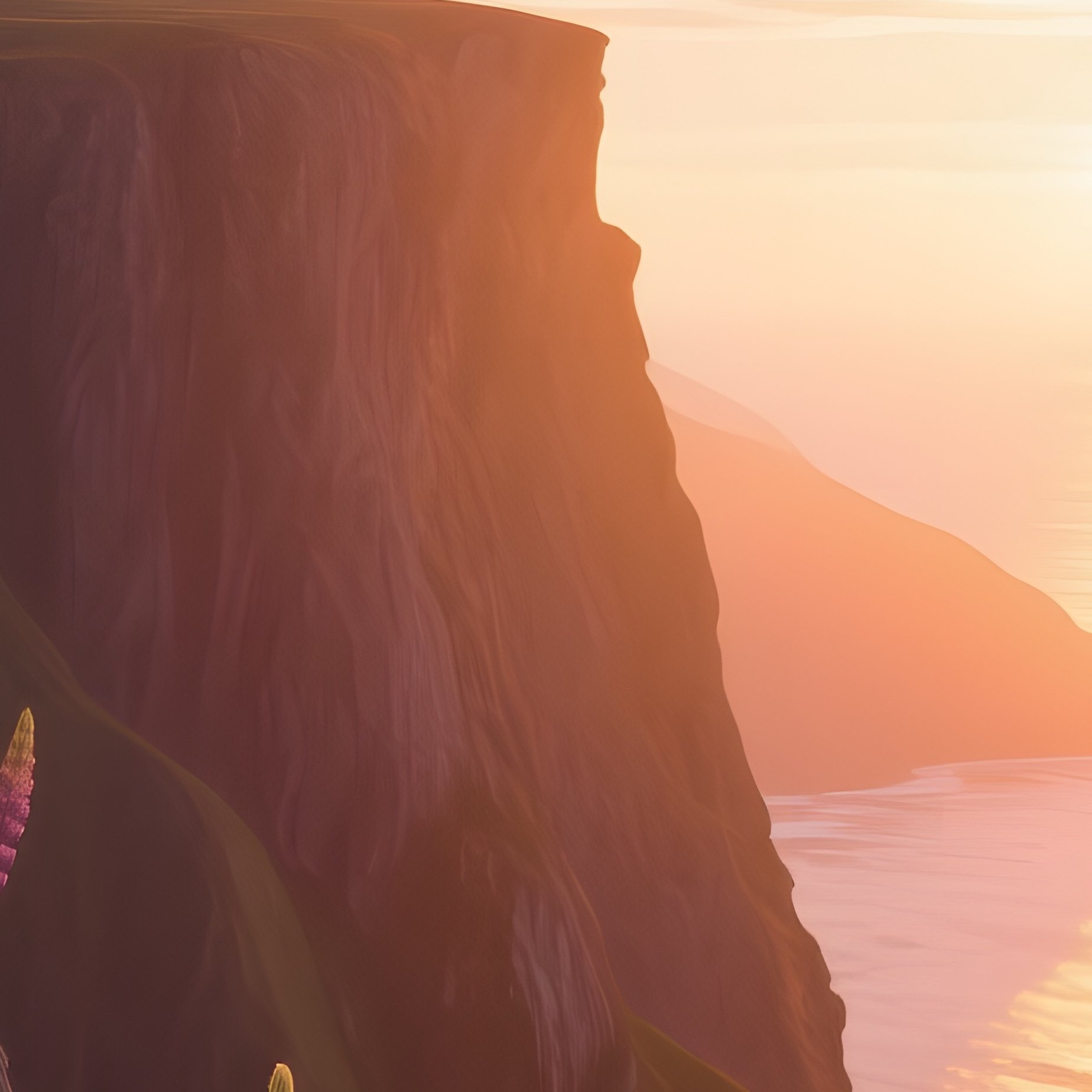 A Dramatic Cliffside Sunrise Where Wild Lupines Cling To Rocky Outcrops, Golden Light Spilling Over - Full Resolution Quality Preview