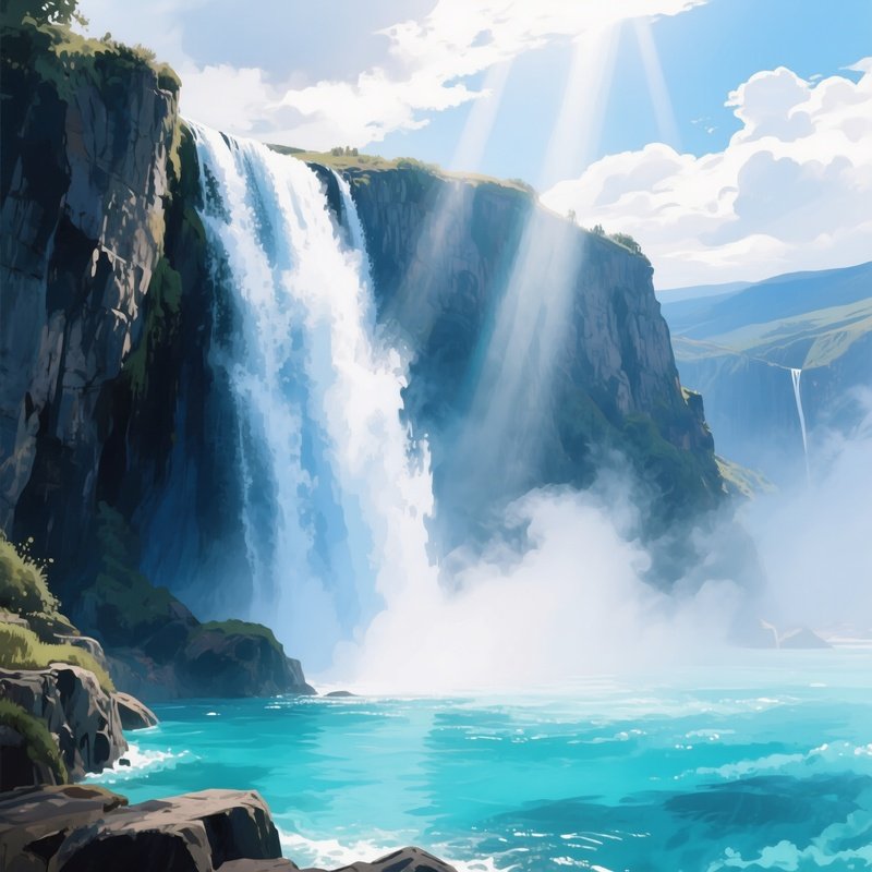 A Dramatic Cliffside Waterfall Cascading Into A Turquoise Pool, Mist Rising, Watercolor Blues And