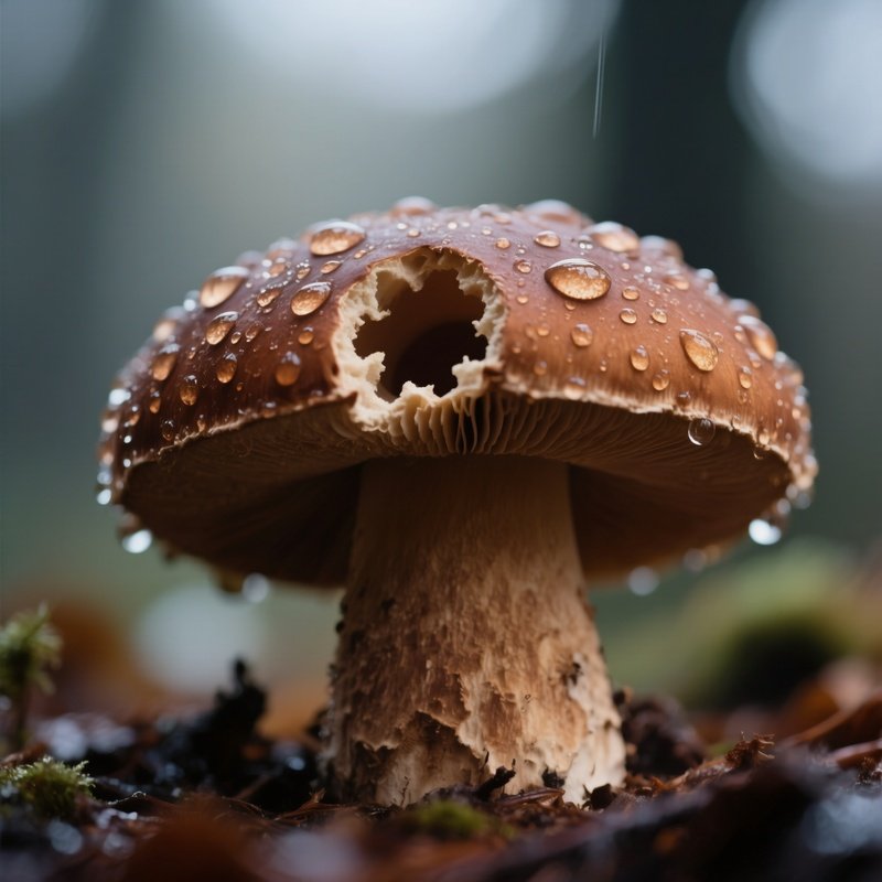 A Dramatic Close‑Up Of A Brown Bolete Mushroom With Its Pores Exposed, Fine Droplets Clinging To