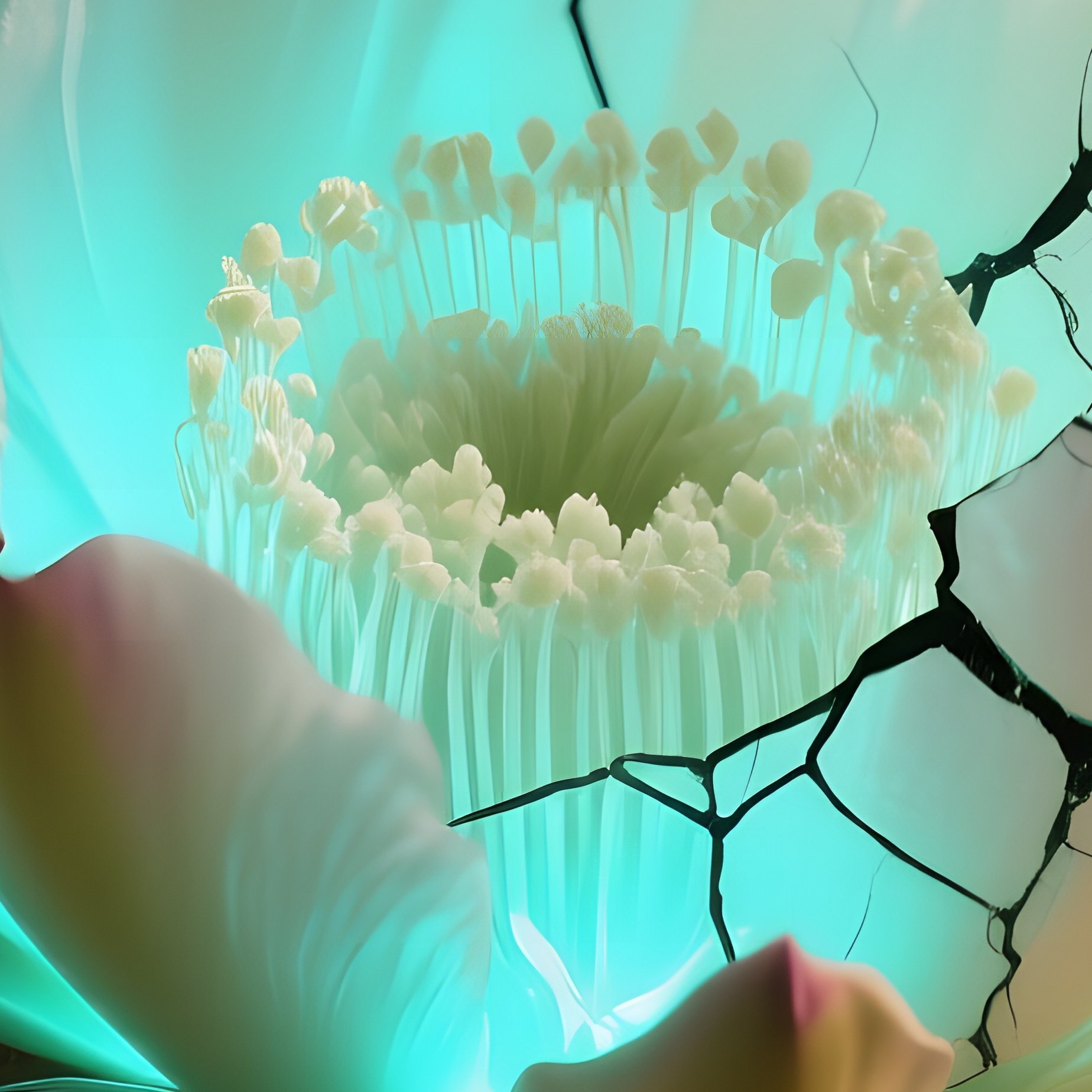 A Dramatic Close‑Up Of A Cracked Desert Cactus Flower Opening At Night, Bioluminescent Glow - Full Resolution Quality Preview