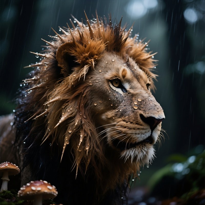 A Dramatic Close‑Up Of A Spiky Lion’S Mane Mushroom With Fine Fibers Catching Droplets Of Rain,