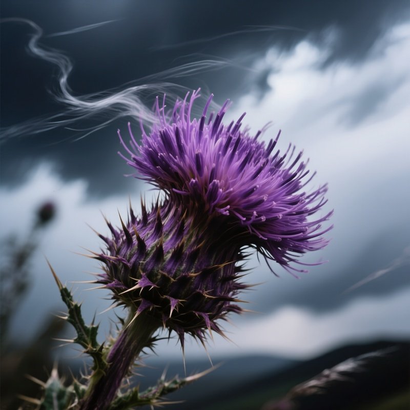 A Dramatic Close‑Up Of A Thistle Head Against A Stormy Backdrop, Wind Whipping Its Purple Florets,
