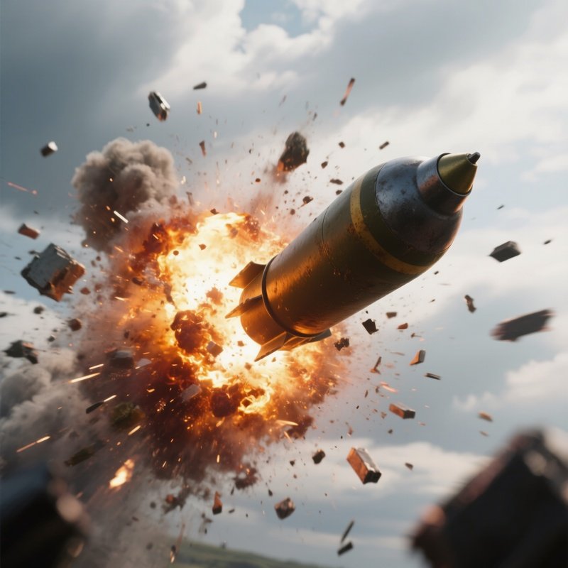A Dramatic Close‑Up Of An Exploding Artillery Shell Mid‑Air, Fireball And Shrapnel Frozen In Motion