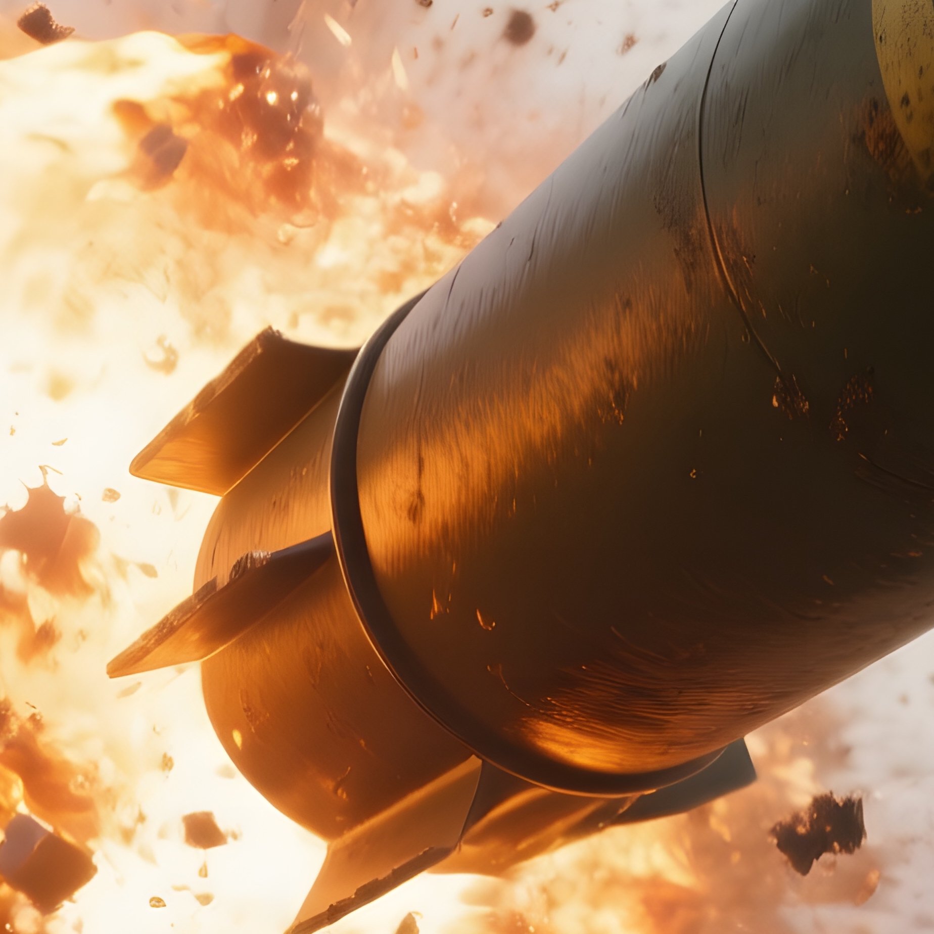 A Dramatic Close‑Up Of An Exploding Artillery Shell Mid‑Air, Fireball And Shrapnel Frozen In Motion - Full Resolution Quality Preview