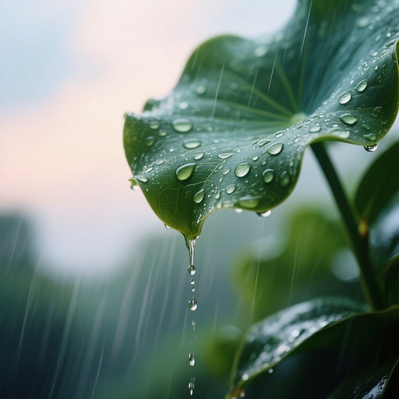 A Dramatic Close‑Up Of Raindrops Sliding Off A Large Lily Leaf, Background Blurred Into Streaks Of