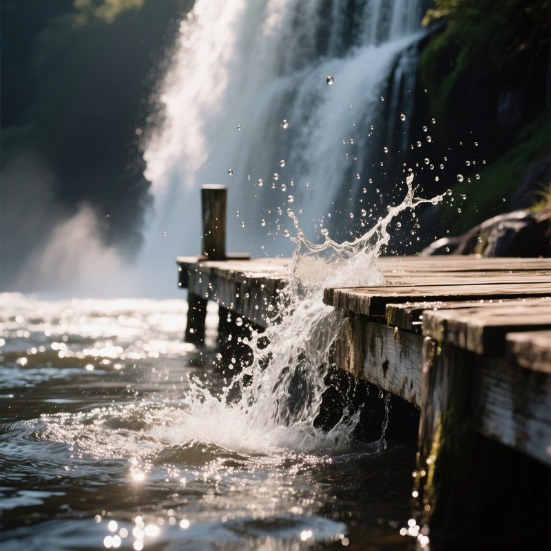A Dramatic Close Up Of Water Splashing Against A Weathered Wooden Dock At The Base Of A Waterfall,
