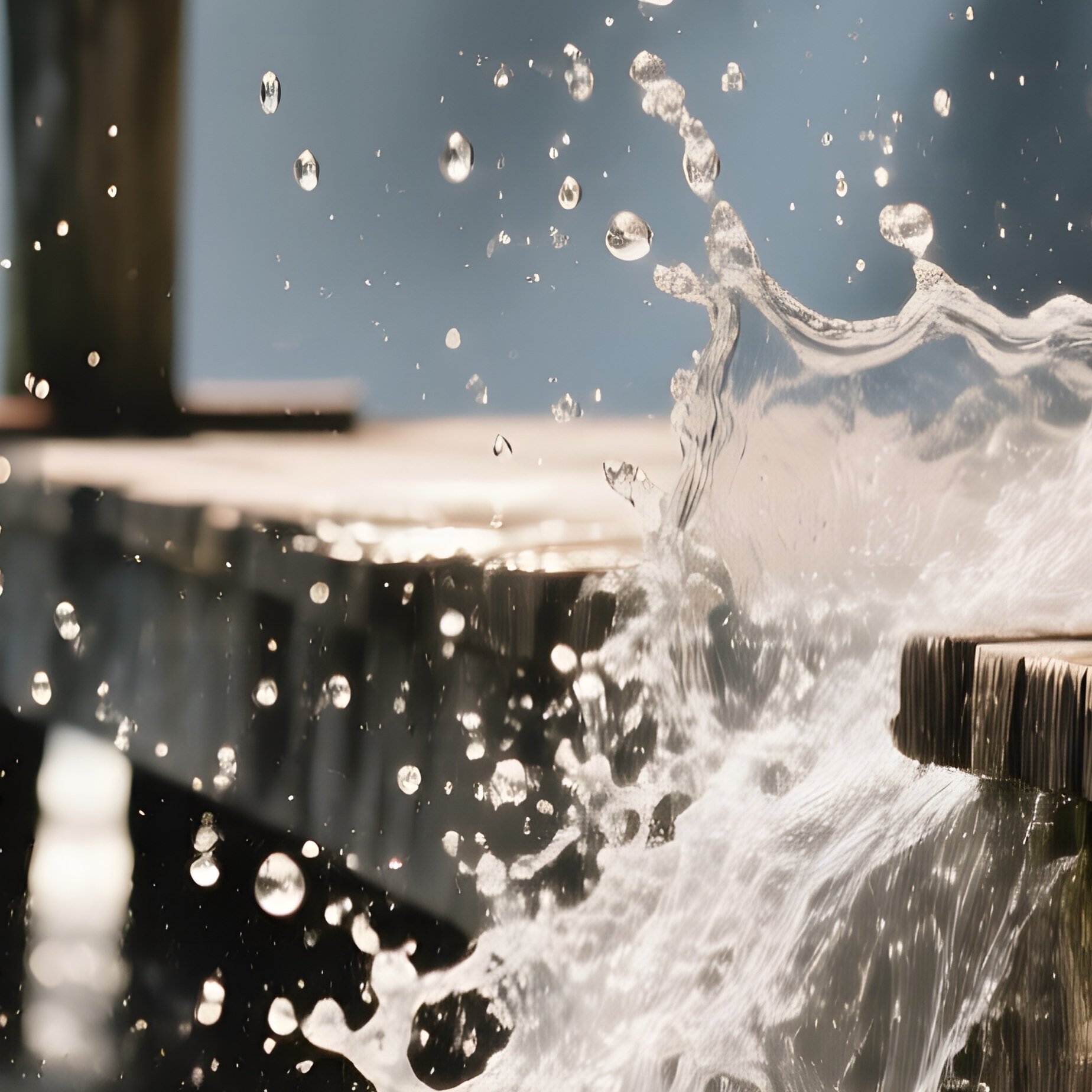 A Dramatic Close Up Of Water Splashing Against A Weathered Wooden Dock At The Base Of A Waterfall, - Full Resolution Quality Preview
