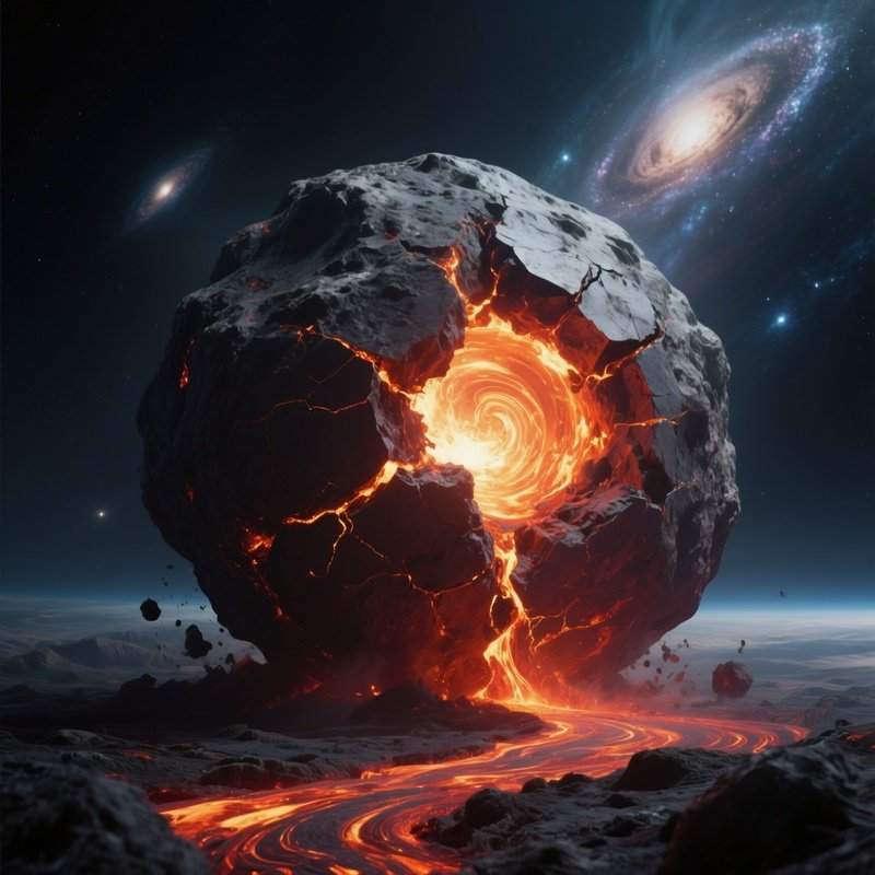A Dramatic Composition Showing A Massive Asteroid With A Glowing Core, Partially Cracked Open To