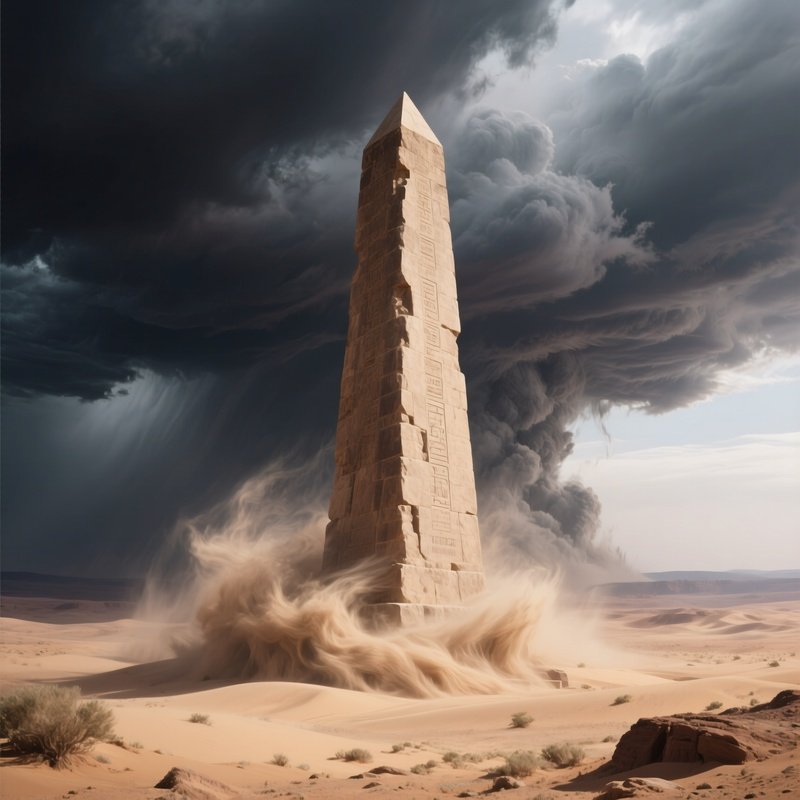 A Dramatic Desert Storm Approaching A Massive Stone Obelisk, Sand Swirling Around Its Base As Dark