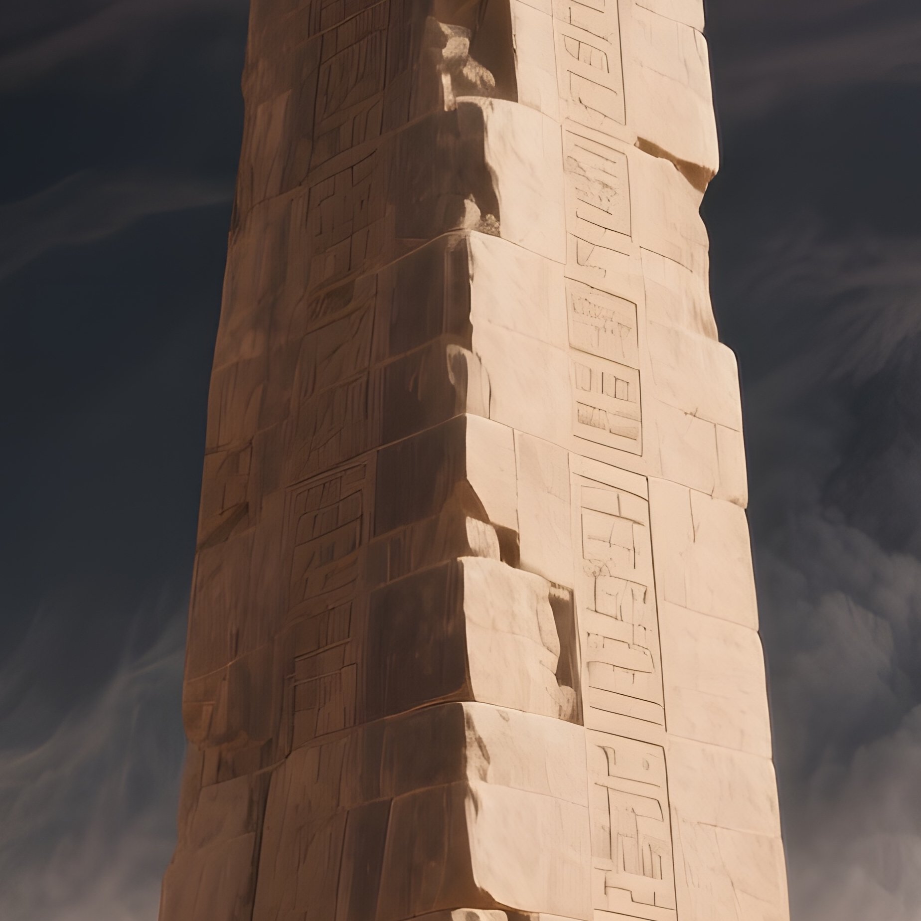 A Dramatic Desert Storm Approaching A Massive Stone Obelisk, Sand Swirling Around Its Base As Dark - Full Resolution Quality Preview