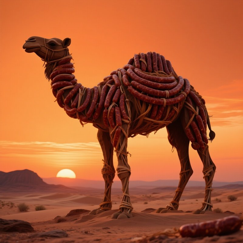 A Dramatic Desert Sunset Scene With A Massive Sandstone Like Sculpture Of A Camel Formed Entirely