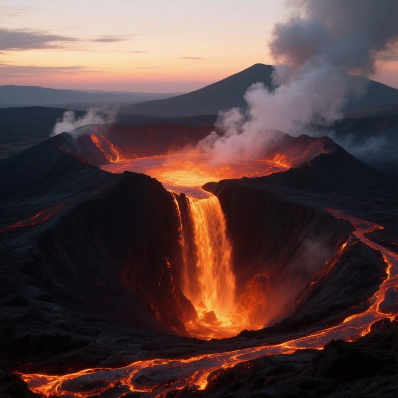 A Dramatic Dusk Scene Where A Waterfall Plunges Into A Volcanic Crater, Molten Orange Lava Glows On