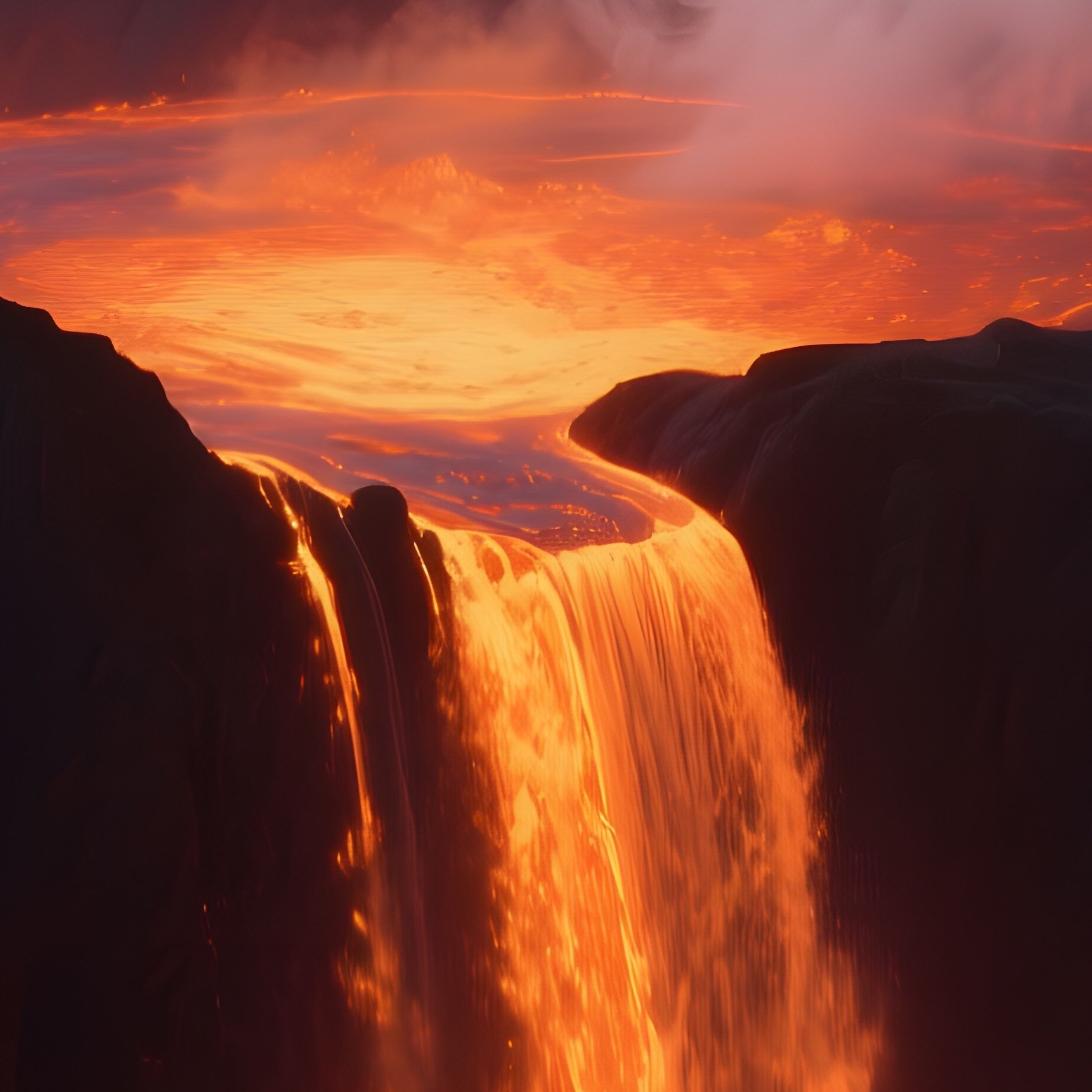 A Dramatic Dusk Scene Where A Waterfall Plunges Into A Volcanic Crater, Molten Orange Lava Glows On - Full Resolution Quality Preview
