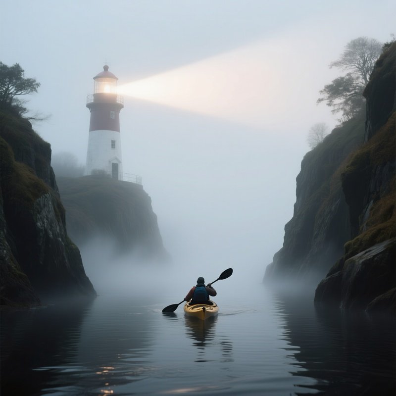 A Dramatic Foggy Morning On A Narrow Inlet, Lighthouse Beam Sweeping Across Mist, Lone Kayaker