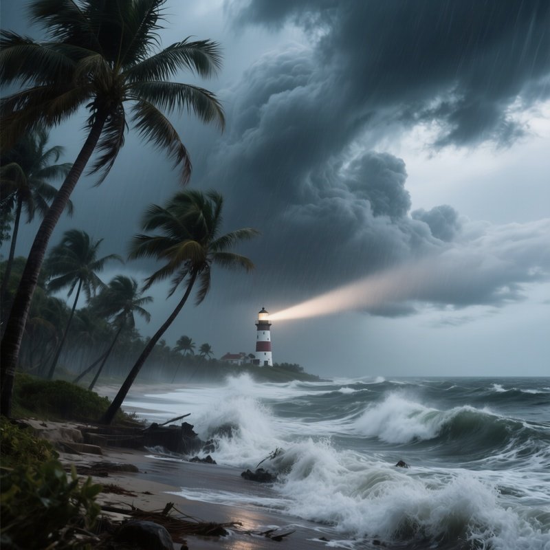 A Dramatic Hurricane‑Battened Coastline In Florida, Palm Trees Bending, Waves Crashing Violently,