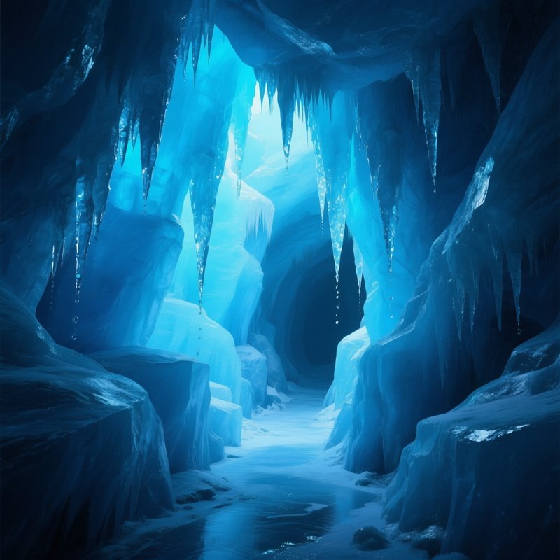 A Dramatic Ice Cave Interior With Glowing Blue Walls, Stalactites Dripping Crystal Clear Water, And