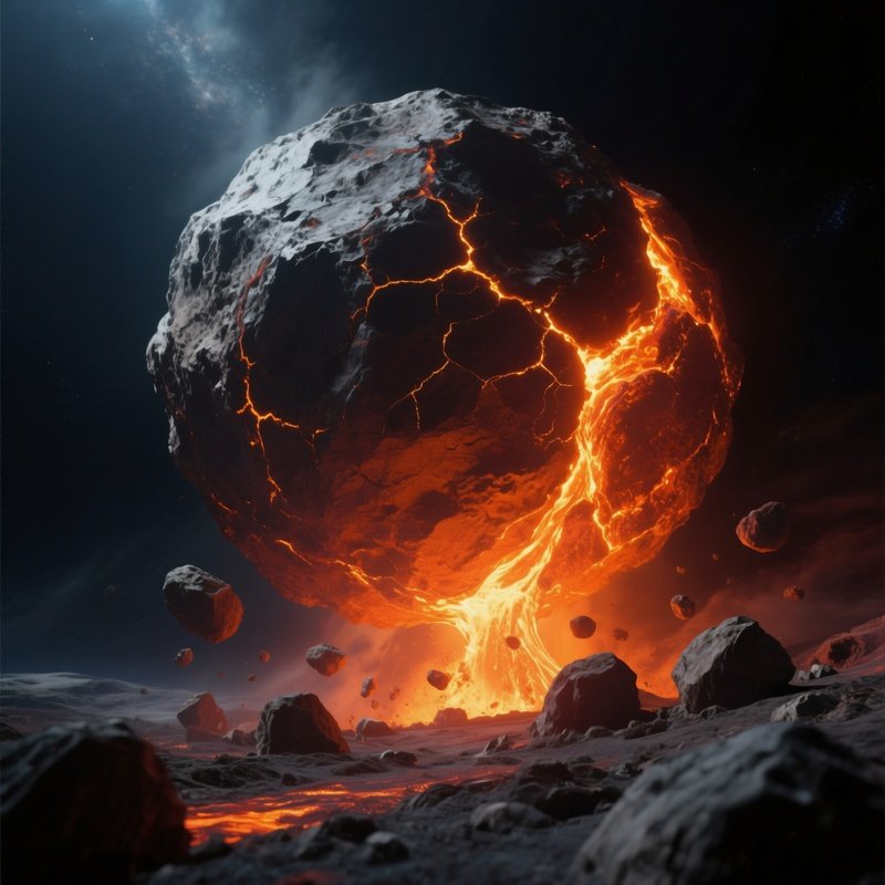 A Dramatic Low‑Angle Shot Of A Massive Asteroid With Deep Fissures Glowing Orange From Internal