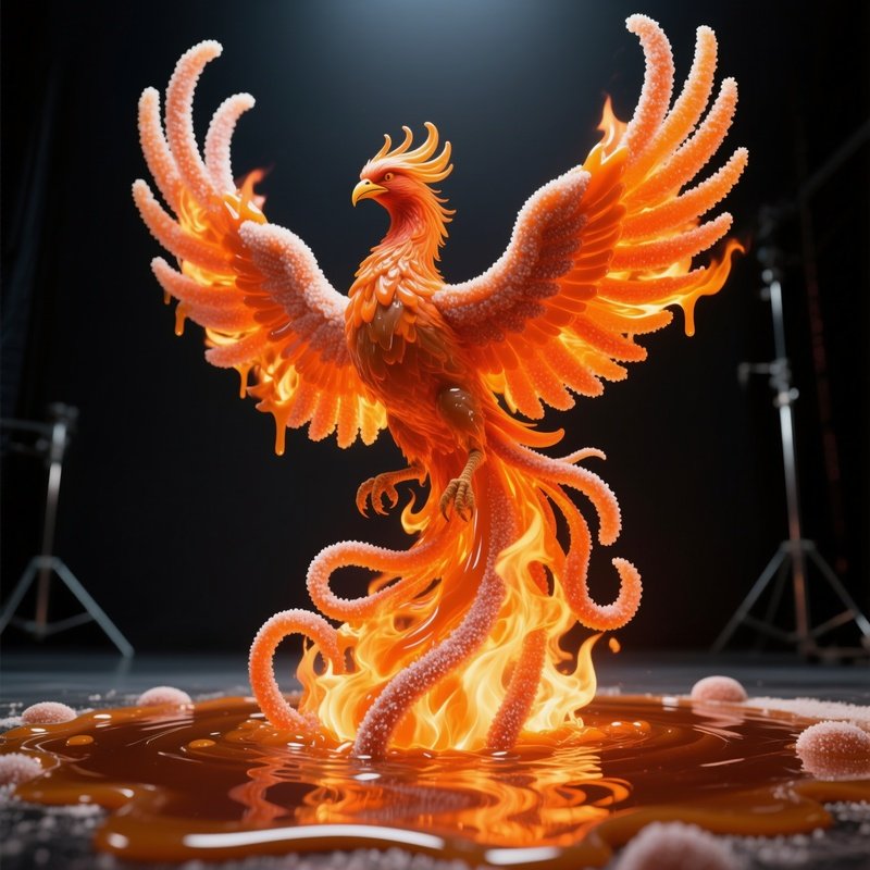 A Dramatic Low‑Angle Shot Of A Massive Sugar Phoenix Rising From A Pool Of Molten Caramel, Flames