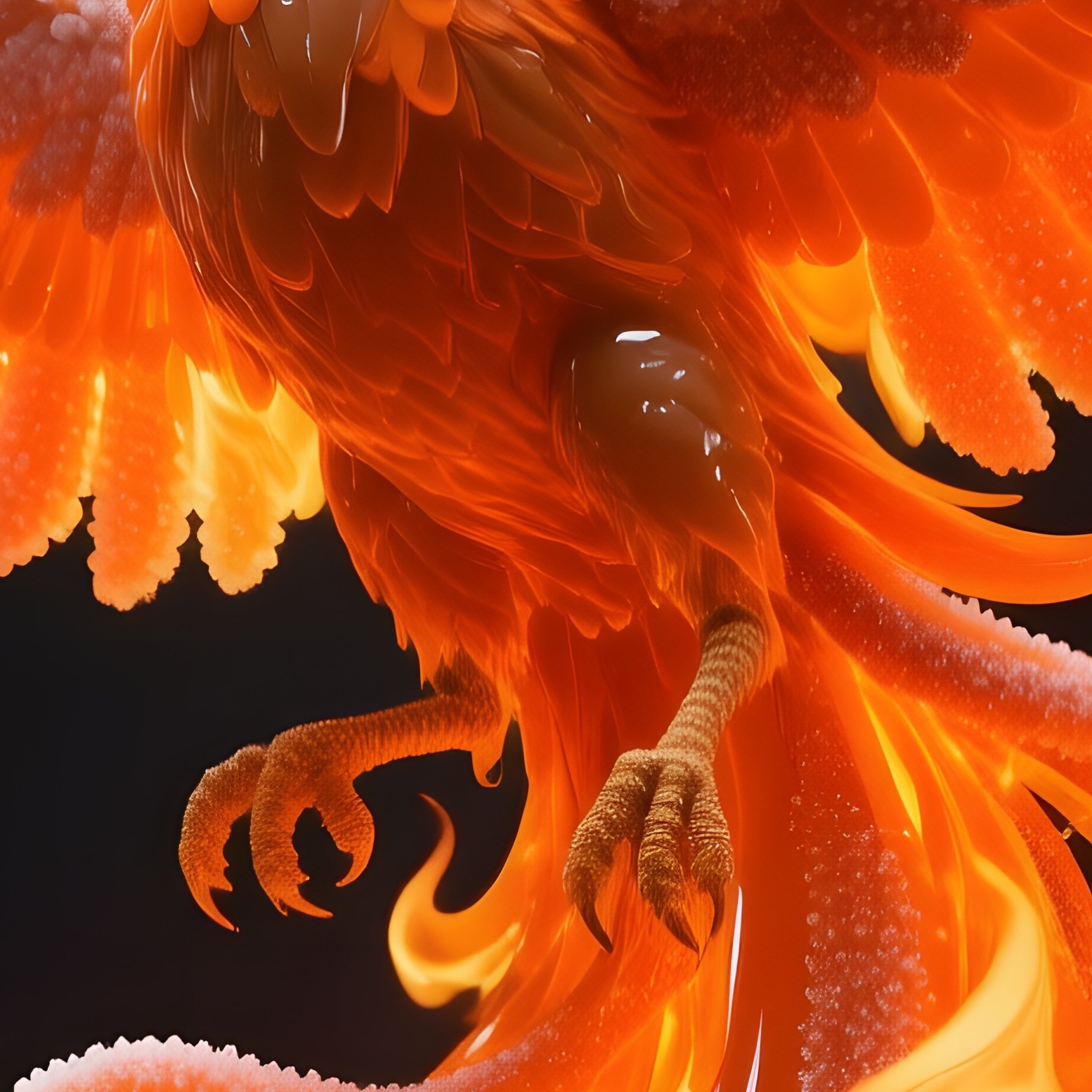 A Dramatic Low‑Angle Shot Of A Massive Sugar Phoenix Rising From A Pool Of Molten Caramel, Flames - Full Resolution Quality Preview
