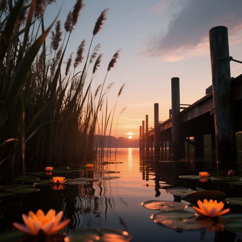 A Dramatic Low‑Angle View From A Dock At Sunset, Long Shadows Of Towering Reeds Stretching Over
